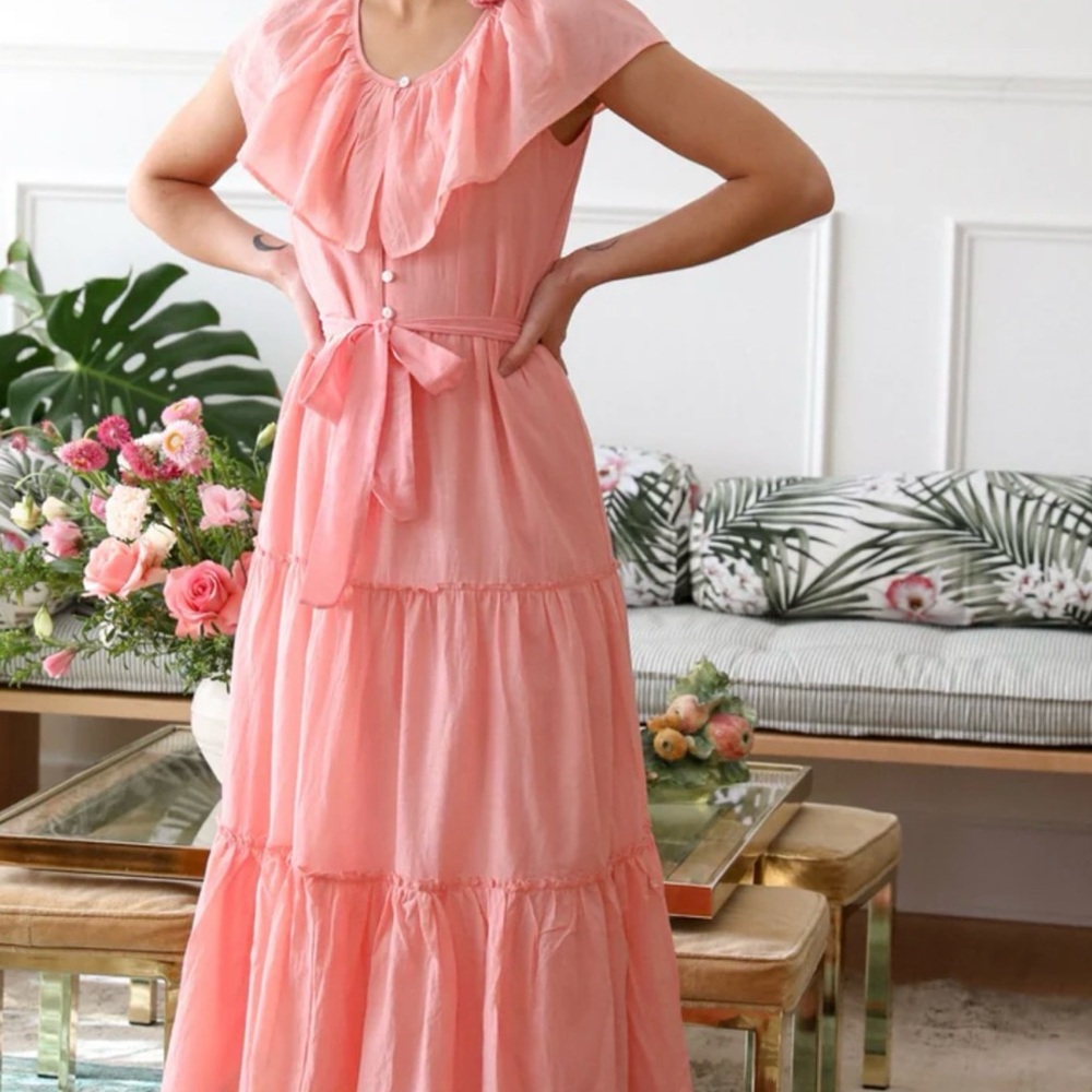 Mille Mira -Coral Tiered Maxi Dress with Tie Waist